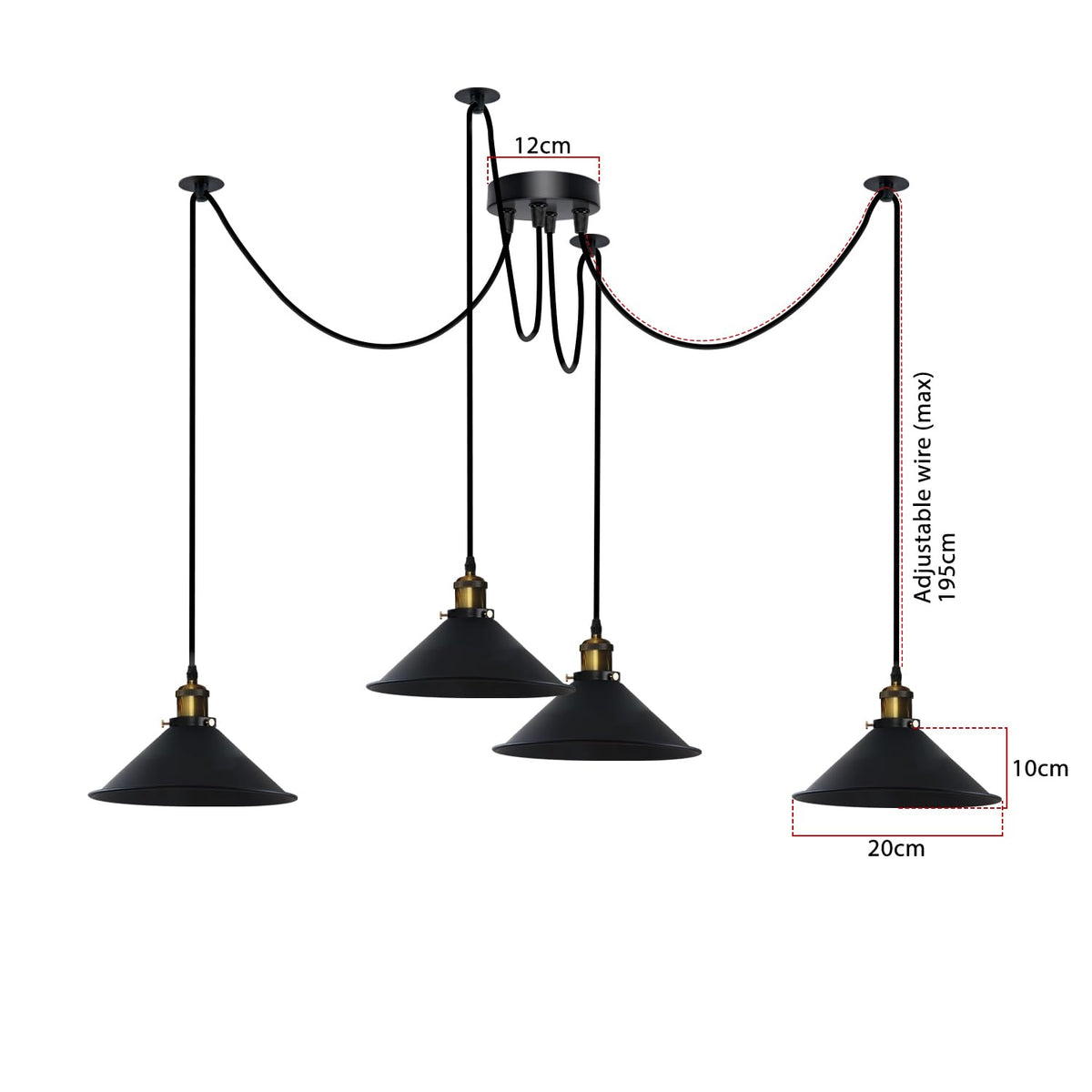 4-Arm Swag Pendant Light – Flat Cone Shades, 12 Colours, E27 - photo 2
