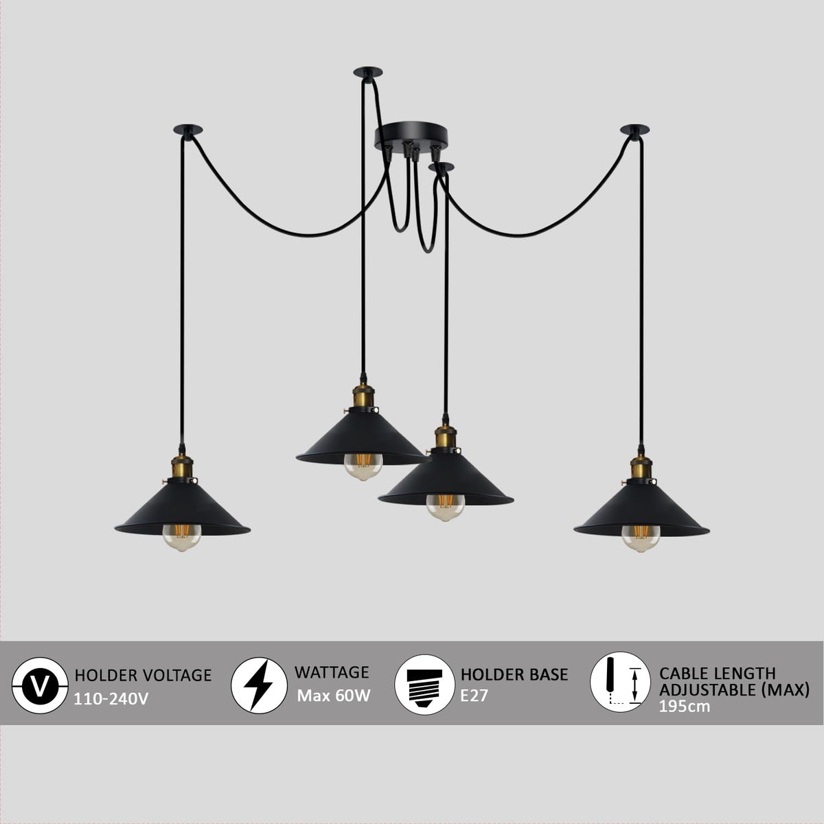 4-Arm Swag Pendant Light – Flat Cone Shades, 12 Colours, E27 - photo 3