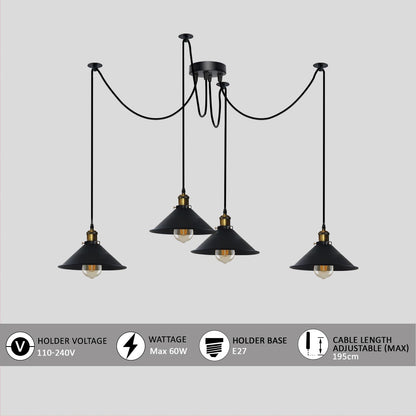 4-Arm Swag Pendant Light – Flat Cone Shades, 12 Colours, E27 - photo 3