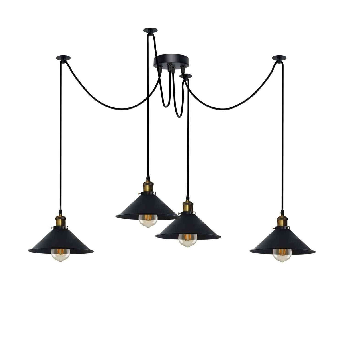 4-Arm Swag Pendant Light – Flat Cone Shades, 12 Colours, E27 - Yellow Brass, Flat Cone 22 cm Black, Without Bulb