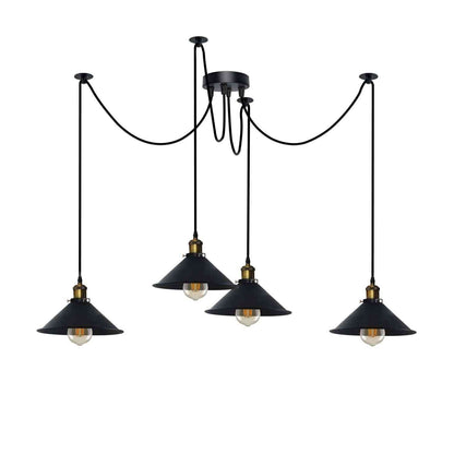 4-Arm Swag Pendant Light – Flat Cone Shades, 12 Colours, E27 - Yellow Brass, Flat Cone 22 cm Black, Without Bulb