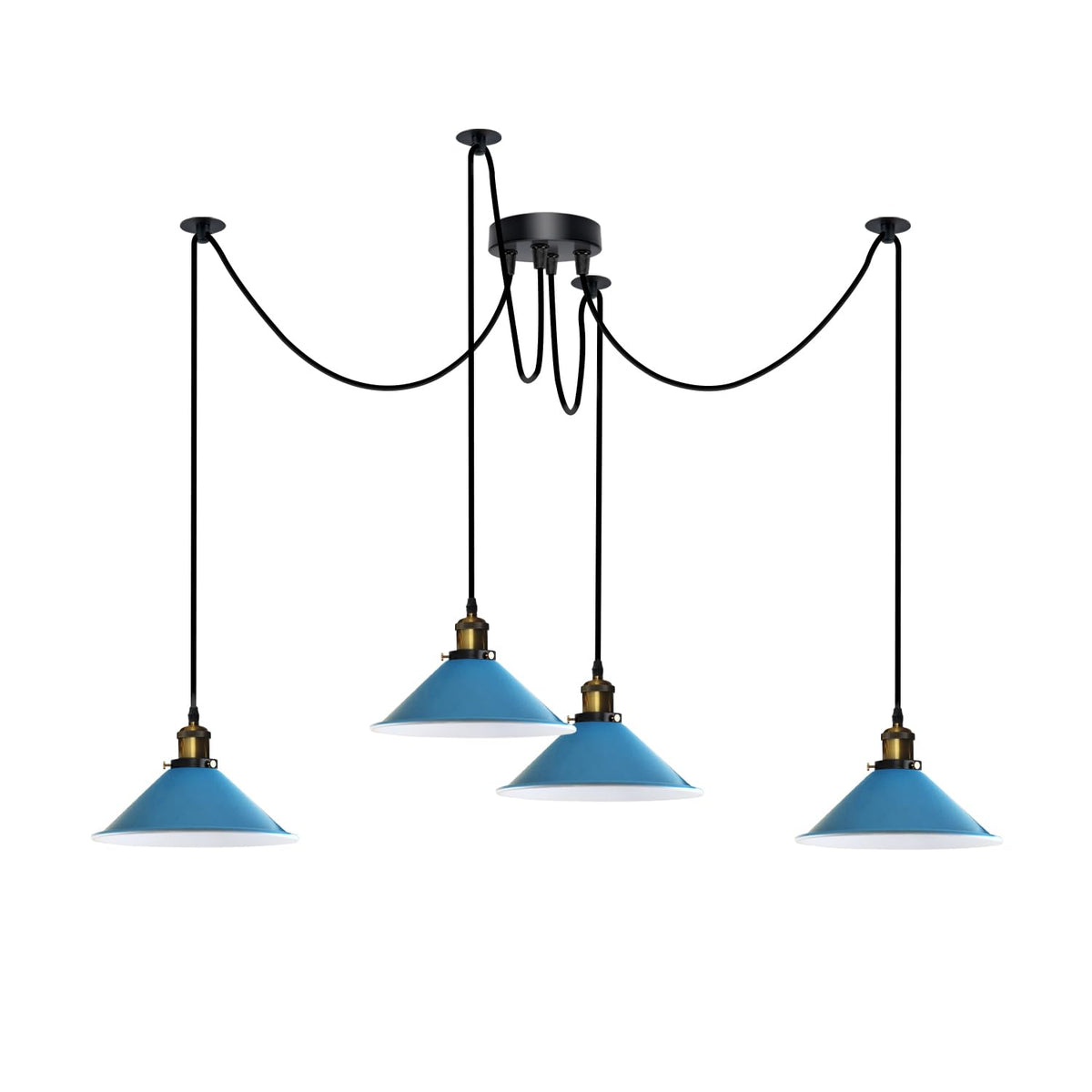 4-Arm Swag Pendant Light – Flat Cone Shades, 12 Colours, E27 - Yellow Brass, Flat Cone 22 cm Blue, Without Bulb