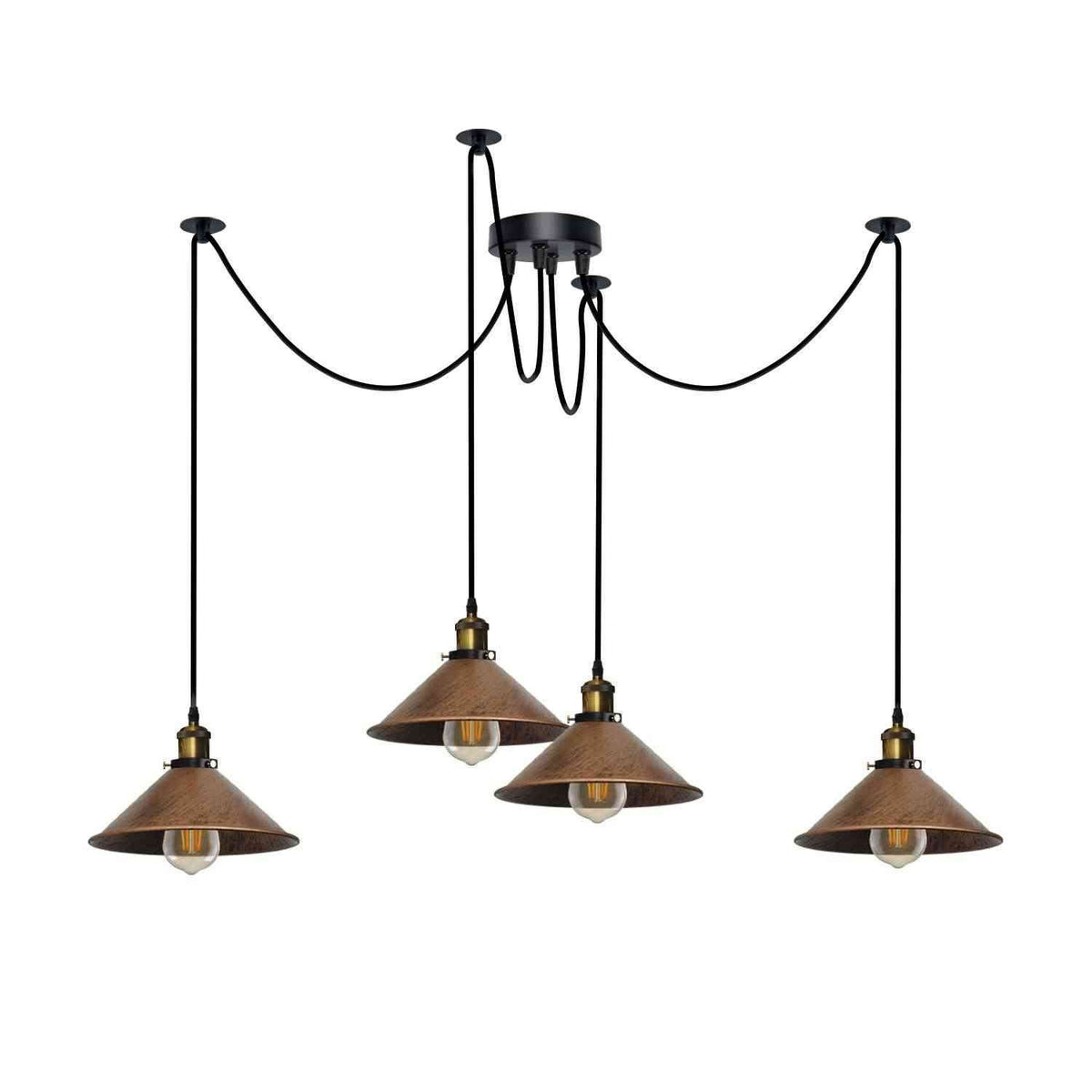 4-Arm Swag Pendant Light – Flat Cone Shades, 12 Colours, E27 - Yellow Brass, Flat Cone 22 cm Brushed Copper, Without Bulb