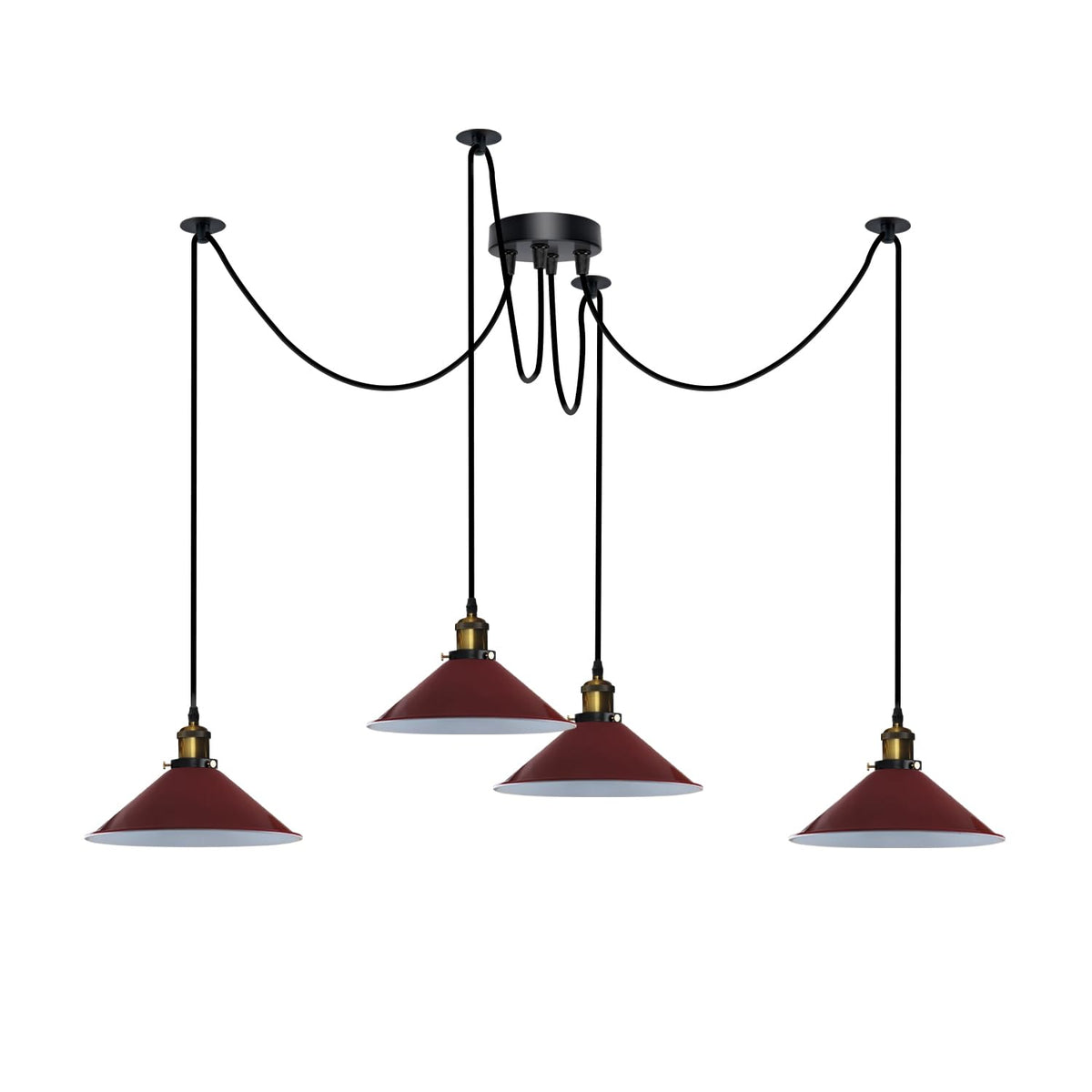 4-Arm Swag Pendant Light – Flat Cone Shades, 12 Colours, E27 - Yellow Brass, Flat Cone 22 cm Burgundy, Without Bulb