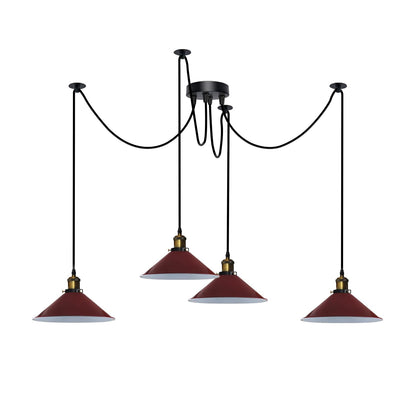 4-Arm Swag Pendant Light – Flat Cone Shades, 12 Colours, E27 - Yellow Brass, Flat Cone 22 cm Burgundy, Without Bulb