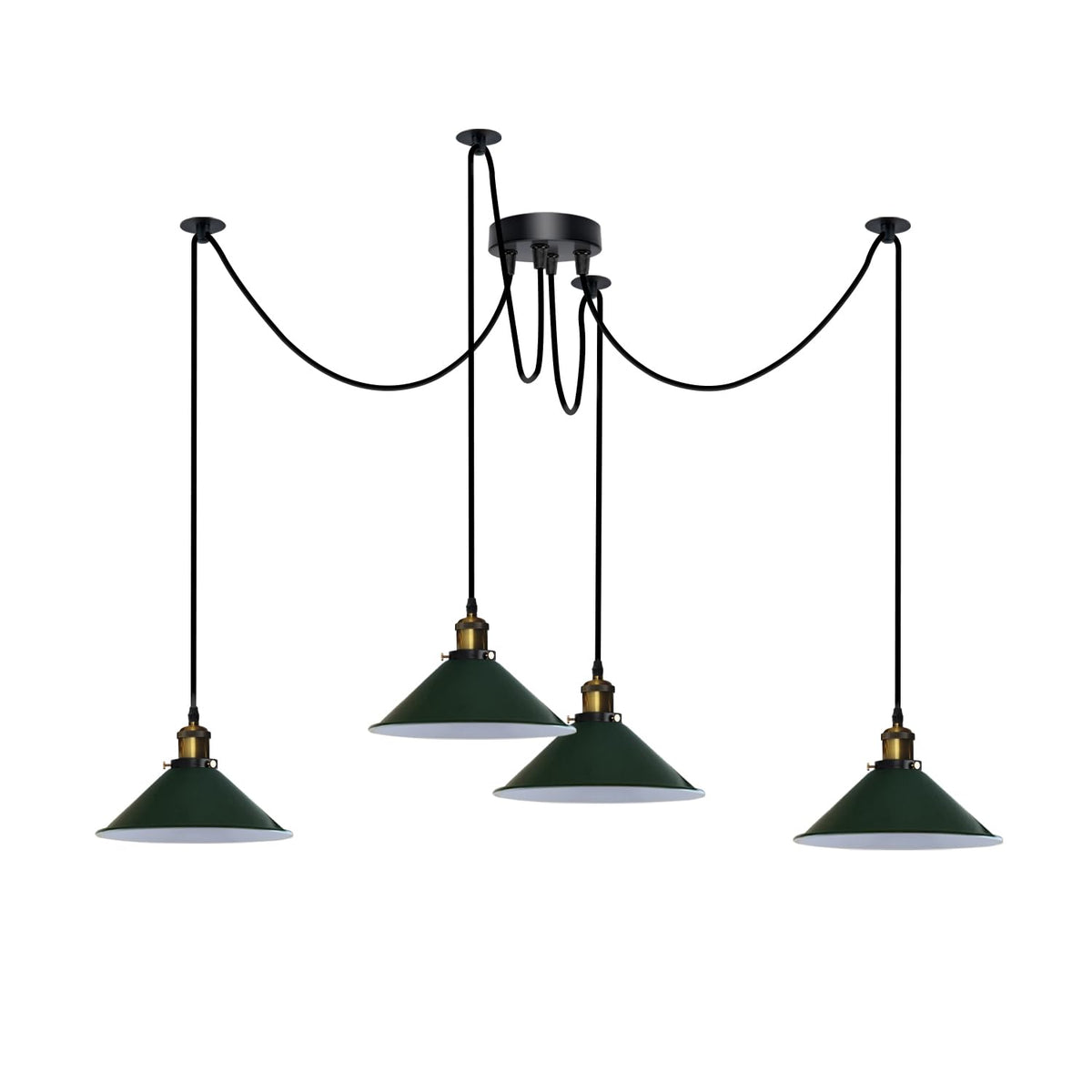 4-Arm Swag Pendant Light – Flat Cone Shades, 12 Colours, E27 - Yellow Brass, Flat Cone 22 cm Green, Without Bulb