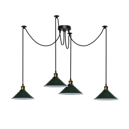 4-Arm Swag Pendant Light – Flat Cone Shades, 12 Colours, E27 - Yellow Brass, Flat Cone 22 cm Green, Without Bulb