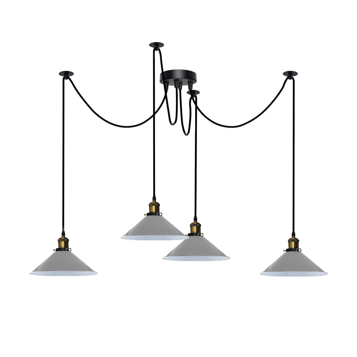 4-Arm Swag Pendant Light – Flat Cone Shades, 12 Colours, E27 - Yellow Brass, Flat Cone 22 cm Grey, Without Bulb