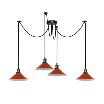 4-Arm Swag Pendant Light – Flat Cone Shades, 12 Colours, E27 - Yellow Brass, Flat Cone 22 cm Orange, Without Bulb