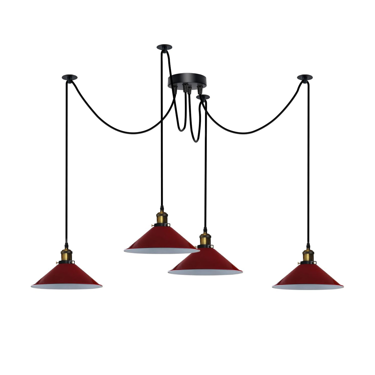 4-Arm Swag Pendant Light – Flat Cone Shades, 12 Colours, E27 - Yellow Brass, Flat Cone 22 cm Red, Without Bulb