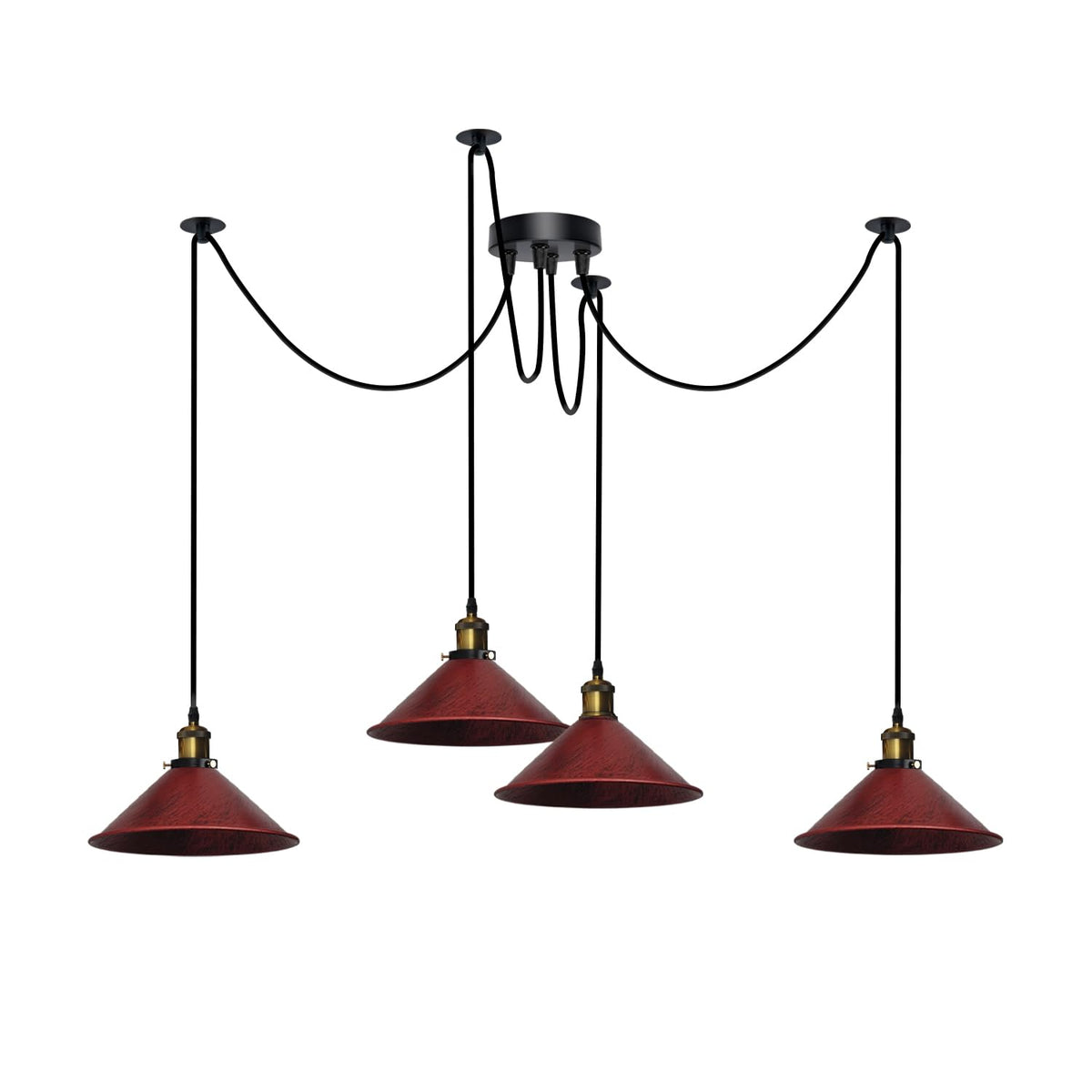 4-Arm Swag Pendant Light – Flat Cone Shades, 12 Colours, E27 - Yellow Brass, Flat Cone 22 cm Rustic Red, Without Bulb