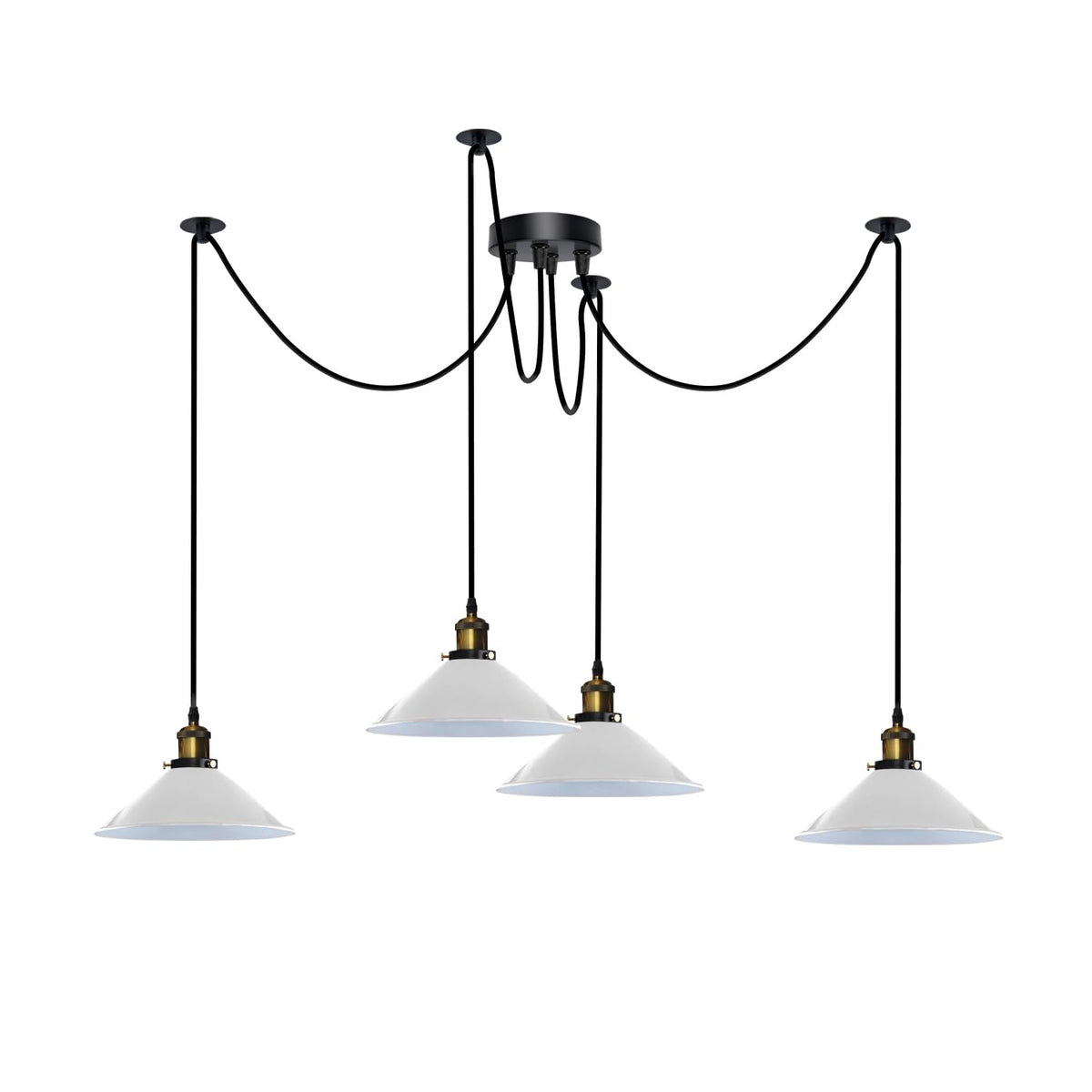 4-Arm Swag Pendant Light – Flat Cone Shades, 12 Colours, E27 - Yellow Brass, Flat Cone 22 cm White, Without Bulb