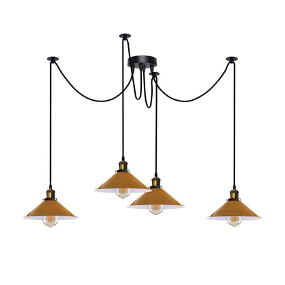 4-Arm Swag Pendant Light – Flat Cone Shades, 12 Colours, E27 - Yellow Brass, Flat Cone 22 cm Yellow, Without Bulb