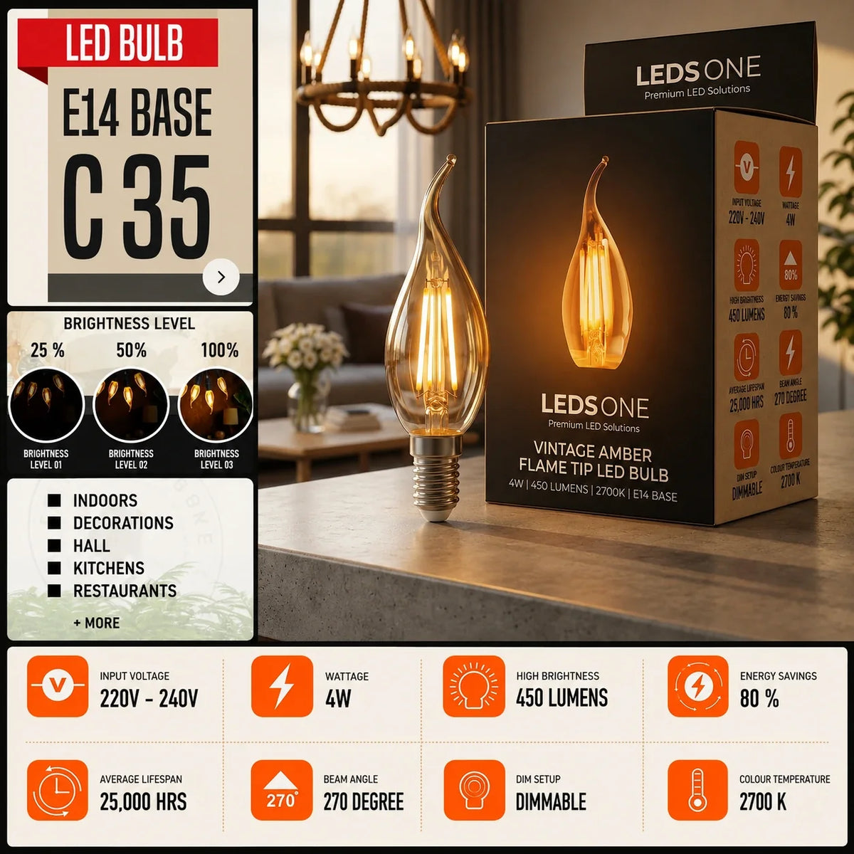 E14 C35 LED Candle Filament Bulb - photo 4