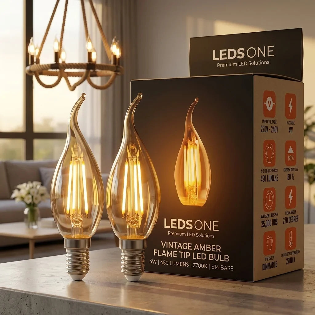 E14 C35 LED Candle Filament Bulb - Amber Filament Candle, 4W, Pack of 2