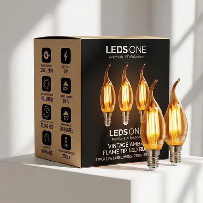 E14 C35 LED Candle Filament Bulb - Amber Filament Candle, 4W, Pack of 3