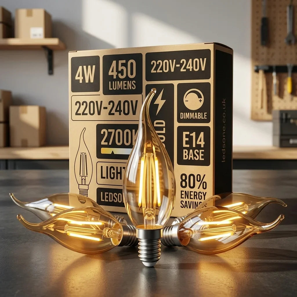 E14 C35 LED Candle Filament Bulb - Amber Filament Candle, 4W, Pack of 5