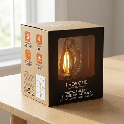 E14 C35 LED Candle Filament Bulb - Amber Filament Candle, 4W, Single