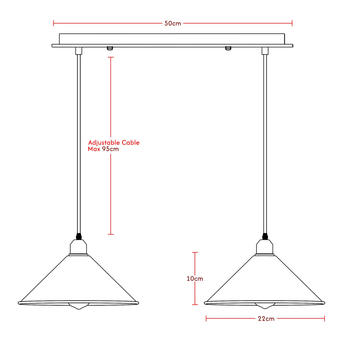 2-Light Bar Pendant – Flat Cone Shades, Black, Grey or White, E27 - photo 2