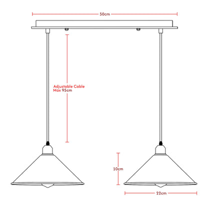 2-Light Bar Pendant – Flat Cone Shades, Black, Grey or White, E27 - photo 2