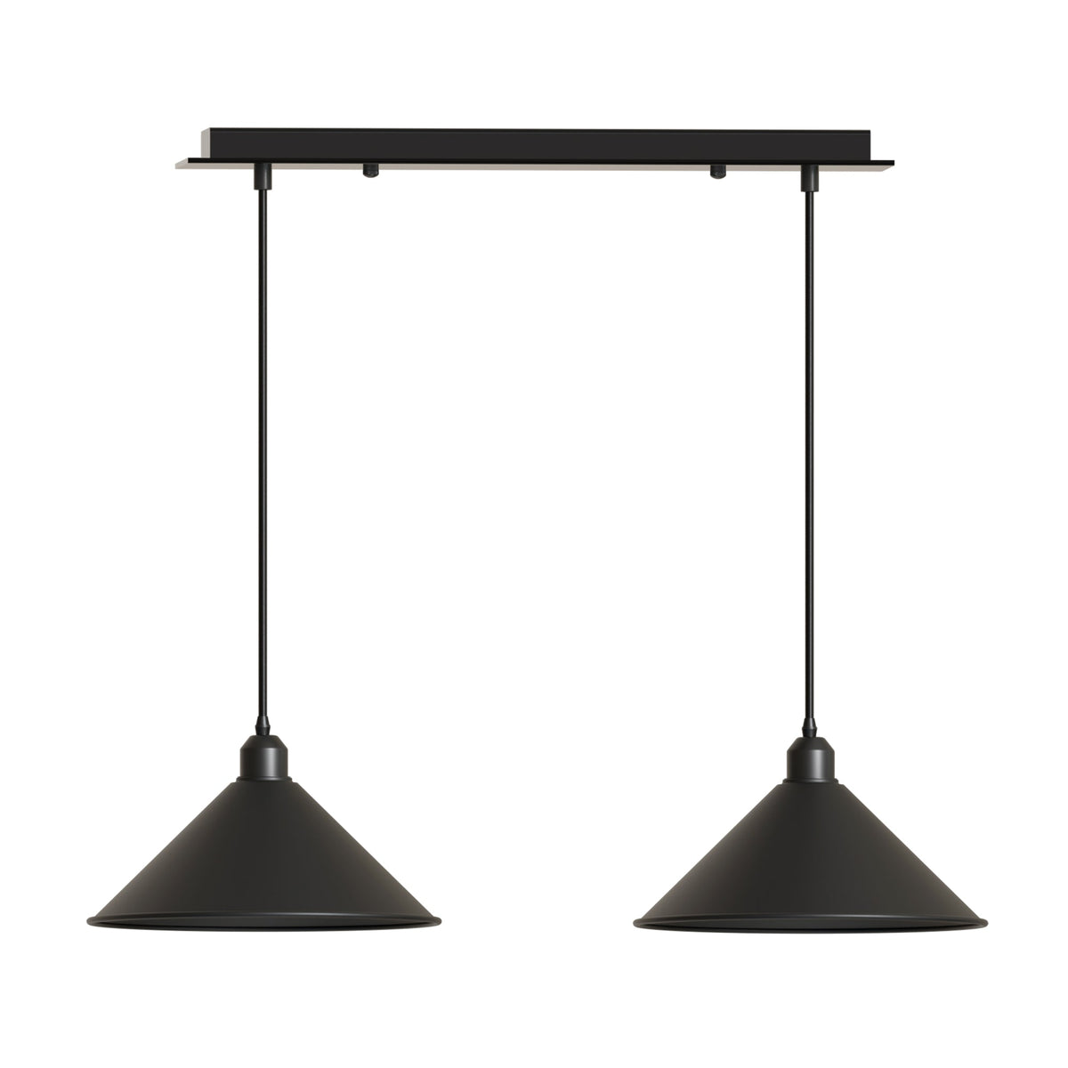 2-Light Bar Pendant – Flat Cone Shades, Black, Grey or White, E27 - Black, Flat Cone 22 cm Black, Without Bulb