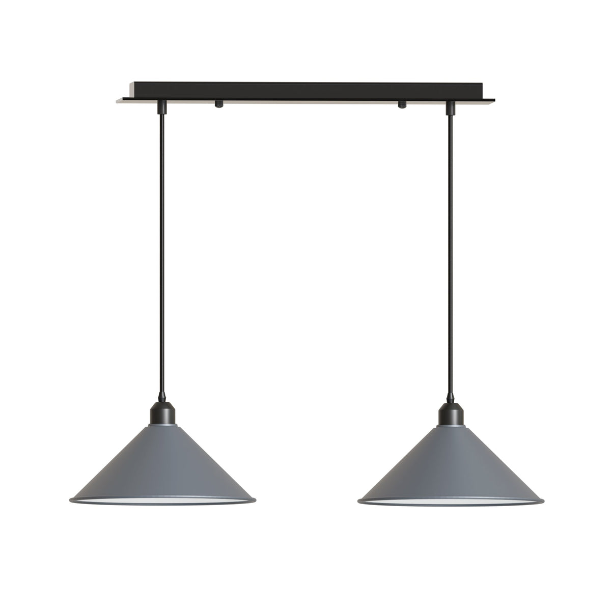 2-Light Bar Pendant – Flat Cone Shades, Black, Grey or White, E27 - Black, Flat Cone 22 cm Grey, Without Bulb