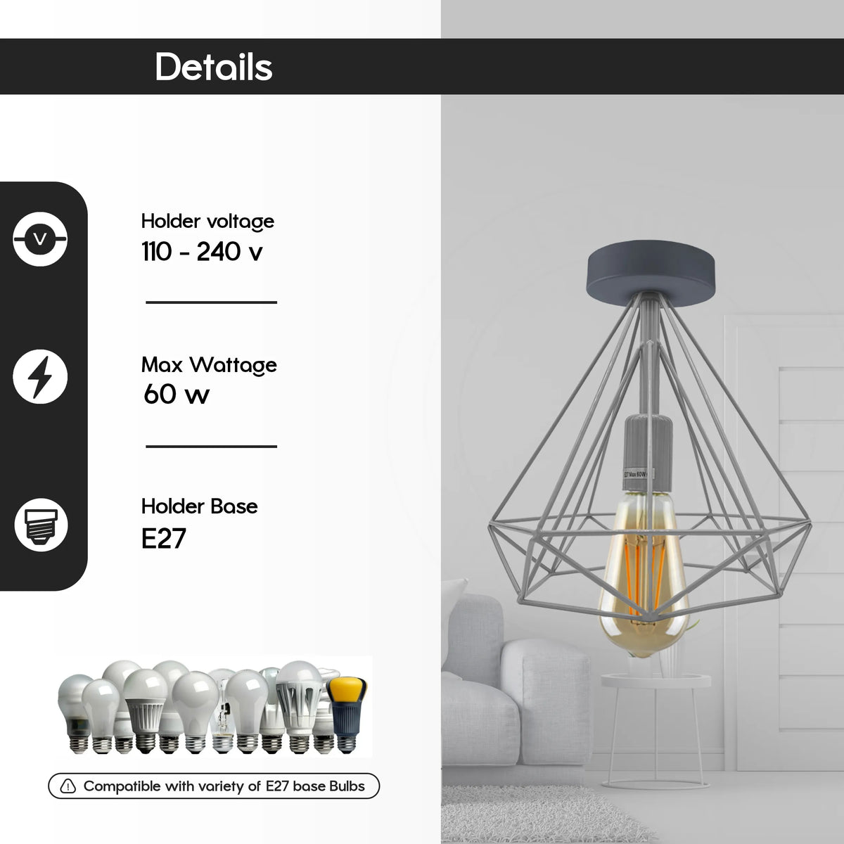Geometric Cage Flush Ceiling Light – E27, Singles or Packs - photo 4