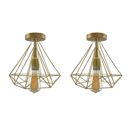 Geometric Cage Flush Ceiling Light – E27, Singles or Packs - Gold, Geometric Cage Gold Pack of 2, Without Bulb
