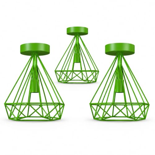 Geometric Cage Flush Ceiling Light – E27, Singles or Packs - Green (Pack of 2), Geometric Cage Green, Without Bulb