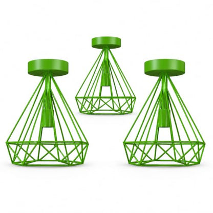 Geometric Cage Flush Ceiling Light – E27, Singles or Packs - Green (Pack of 2), Geometric Cage Green, Without Bulb
