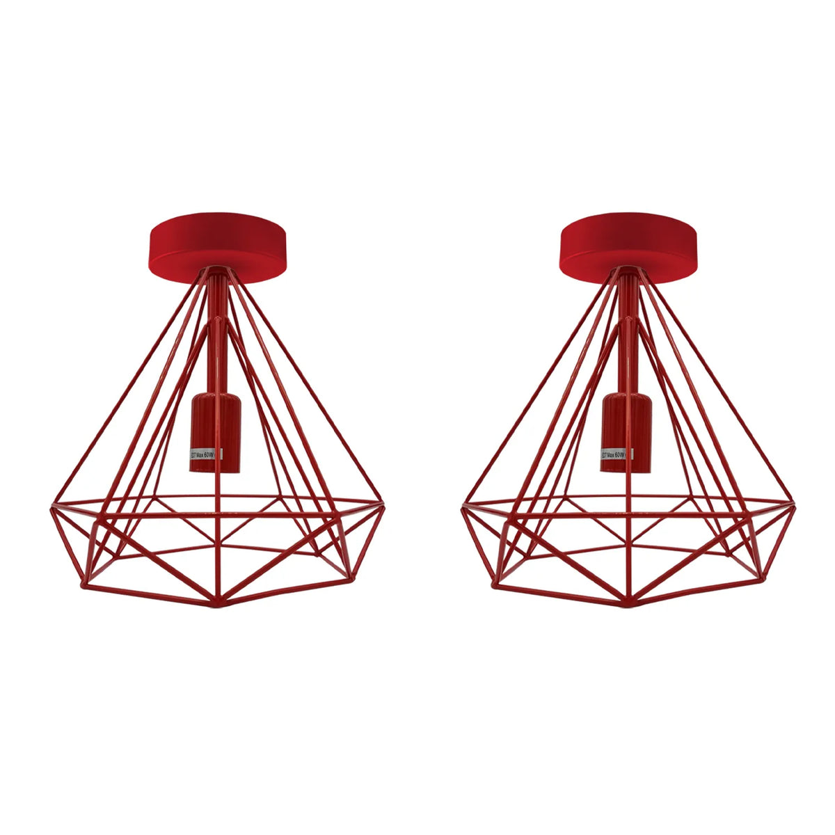 Geometric Cage Flush Ceiling Light – E27, Singles or Packs - Red (Pack of 2), Geometric Cage Red, Without Bulb