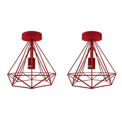 Geometric Cage Flush Ceiling Light – E27, Singles or Packs - Red (Pack of 2), Geometric Cage Red, Without Bulb