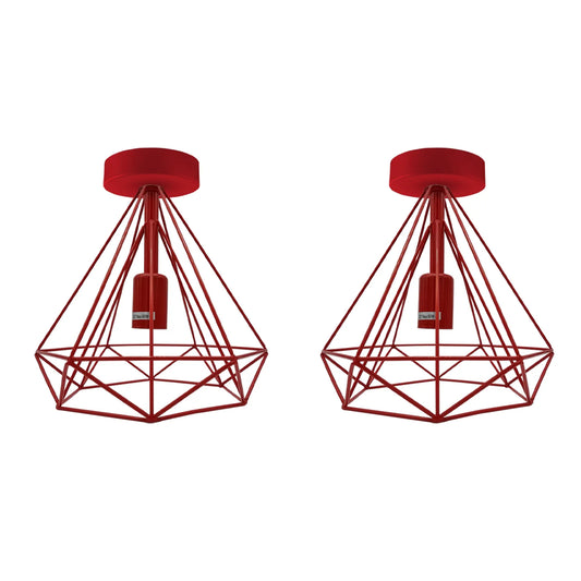 Geometric Cage Flush Ceiling Light – E27, Singles or Packs - Red (Pack of 2), Geometric Cage Red, Without Bulb