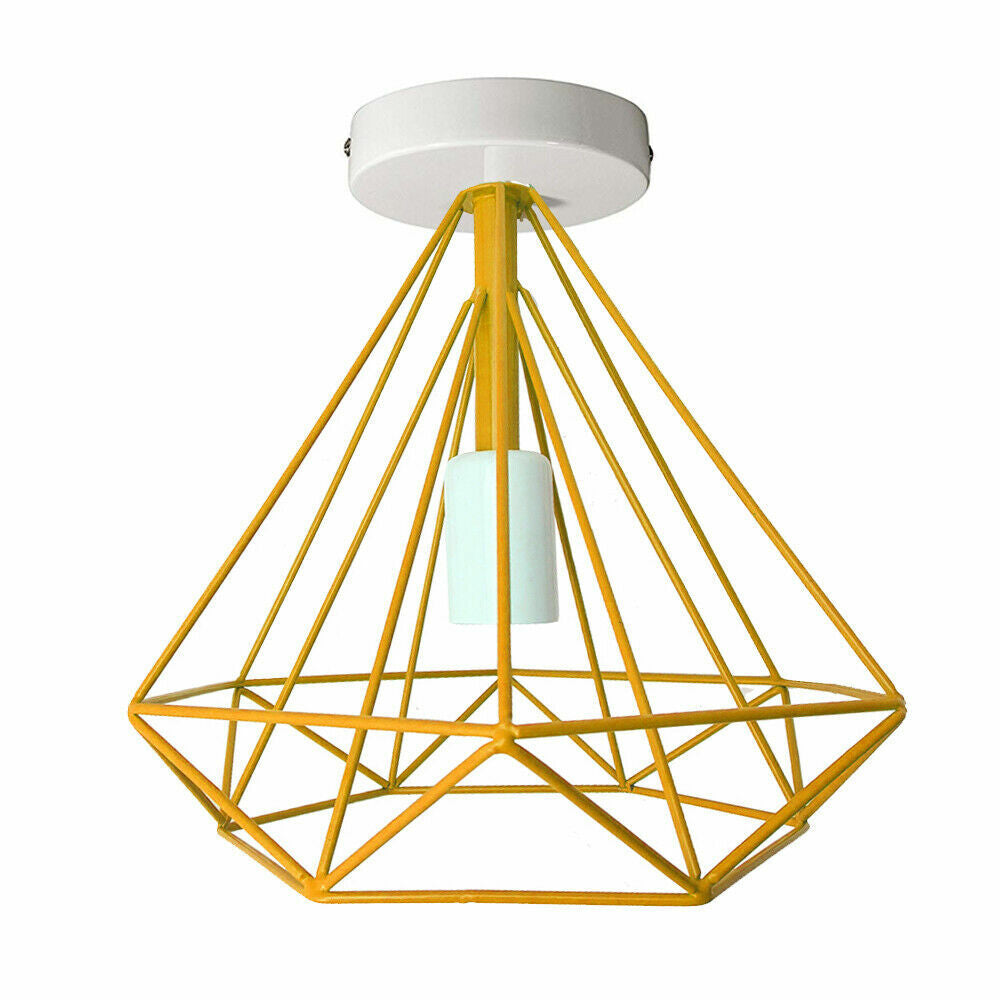 Geometric Cage Flush Ceiling Light – E27, Singles or Packs - White, Geometric Cage Yellow, Without Bulb