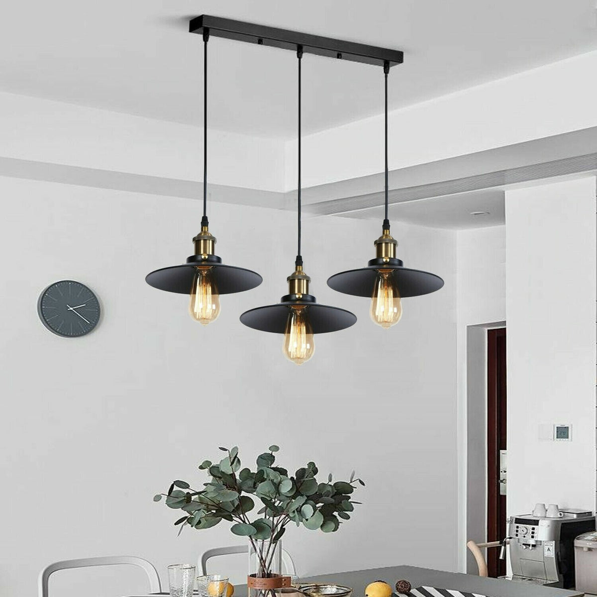 3-Light Bar Pendant – Black Flat Shades, Brass Holders