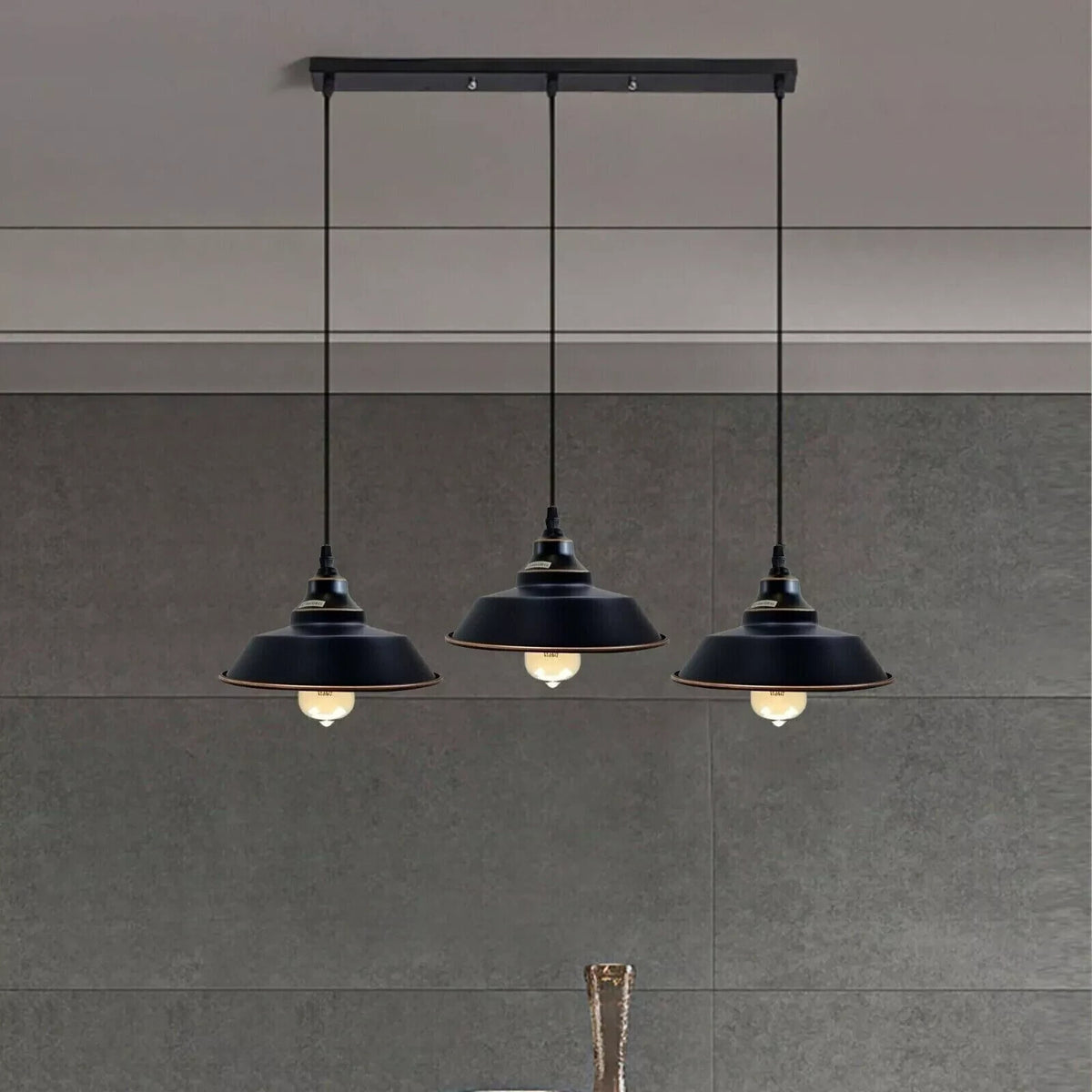 3-Light Bar Pendant – Black Flat Shades, Brass Holders - photo 2