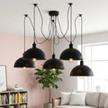 5-Light Swag Pendant – Black Dome Shades or Bare, Adjustable Arms - Black, Dome 21 cm Black & White Inner, Without Bulb
