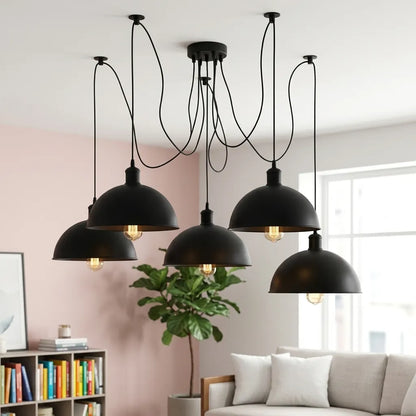 5-Light Swag Pendant – Black Dome Shades or Bare, Adjustable Arms - Black, Dome 21 cm Black & White Inner, Without Bulb