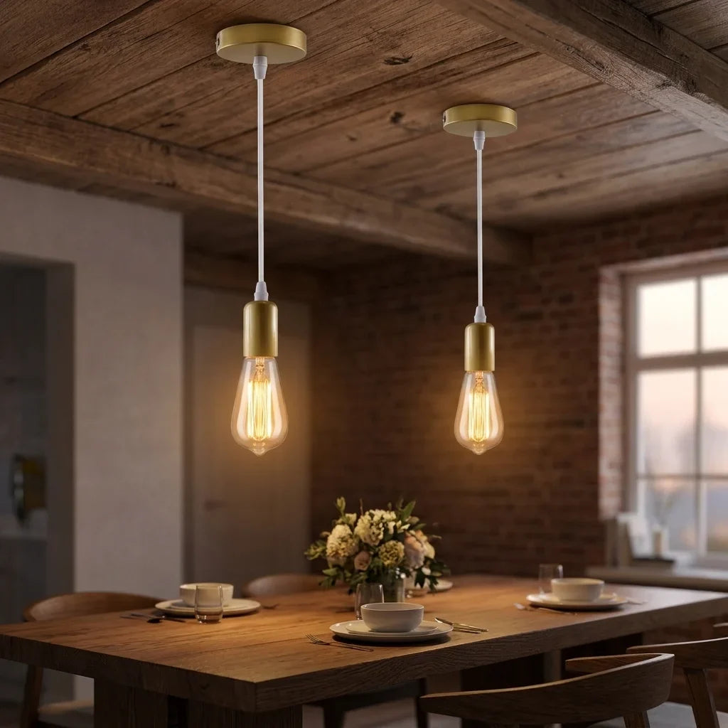 Coloured Pendant Light Set – E27 Holder, Ceiling Rose, 6 Colours - Gold, With Ceiling Rose, Pack of 2 with 2 ST64 Bulbs