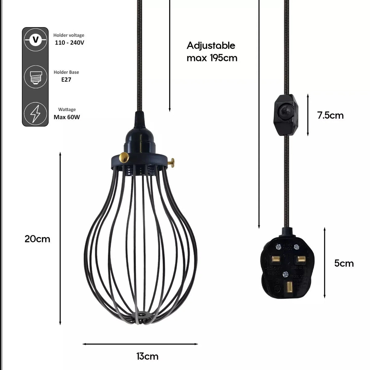 Plug-In Cage Pendant Light with Dimmer – 2 m Fabric Cable, UK Plug - photo 5