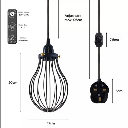 Plug-In Cage Pendant Light with Dimmer – 2 m Fabric Cable, UK Plug - photo 5