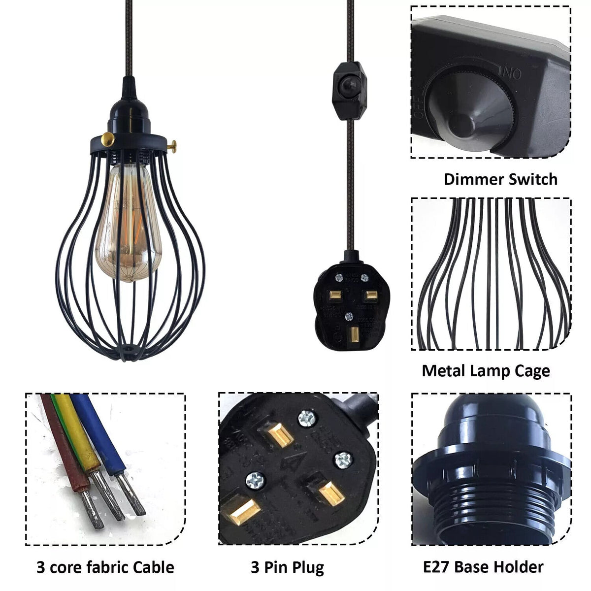 Plug-In Cage Pendant Light with Dimmer – 2 m Fabric Cable, UK Plug - photo 6