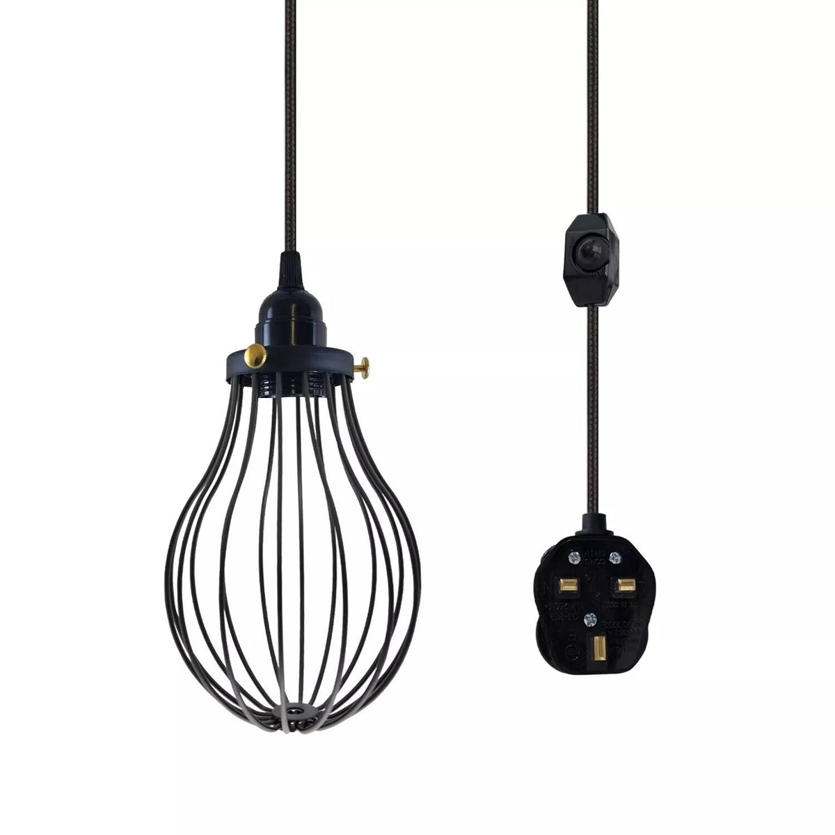 Plug-In Cage Pendant Light with Dimmer – 2 m Fabric Cable, UK Plug - Black, Black Cage, Brass Shade Ring, Without Bulb