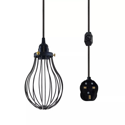 Plug-In Cage Pendant Light with Dimmer – 2 m Fabric Cable, UK Plug - Black, Black Cage, Brass Shade Ring, Without Bulb