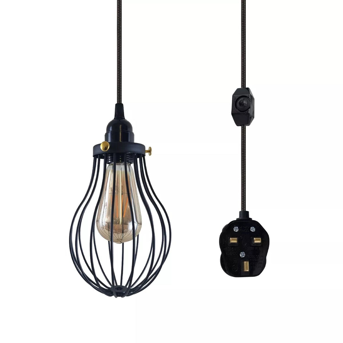 Plug-In Cage Pendant Light with Dimmer – 2 m Fabric Cable, UK Plug - Black, Black Cage, Brass Shade Ring, ST64 LED Bulb 4W