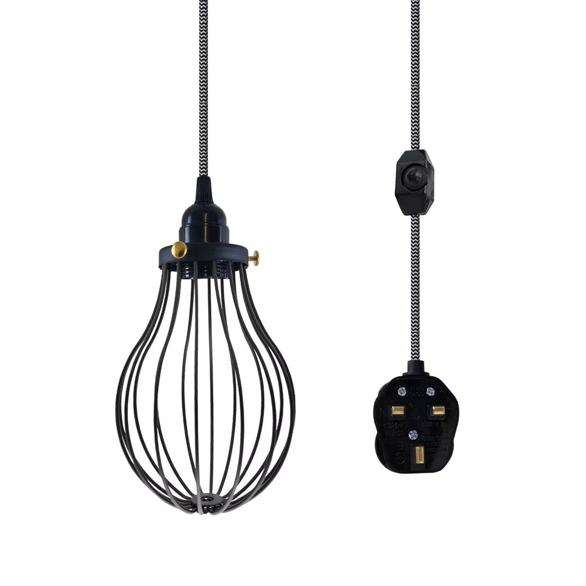 Plug-In Cage Pendant Light with Dimmer – 2 m Fabric Cable, UK Plug - Black & White, Black Cage, Brass Shade Ring, Without Bulb