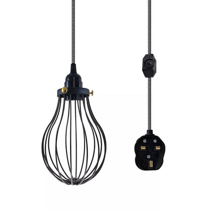 Plug-In Cage Pendant Light with Dimmer – 2 m Fabric Cable, UK Plug - Black & White, Black Cage, Brass Shade Ring, Without Bulb