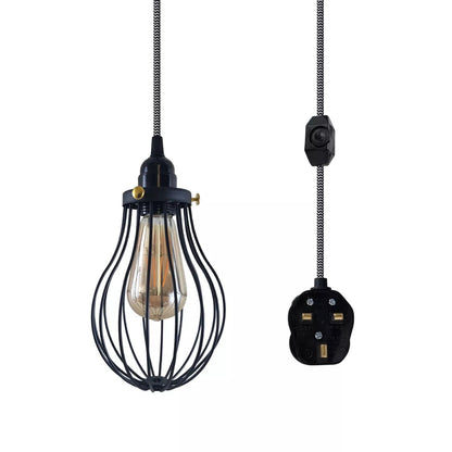 Plug-In Cage Pendant Light with Dimmer – 2 m Fabric Cable, UK Plug - Black & White, Black Cage, Brass Shade Ring, ST64 LED Bulb 4W
