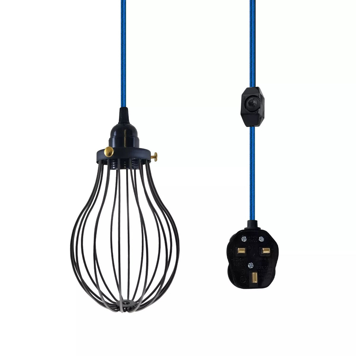 Plug-In Cage Pendant Light with Dimmer – 2 m Fabric Cable, UK Plug - Blue, Black Cage, Brass Shade Ring, Without Bulb