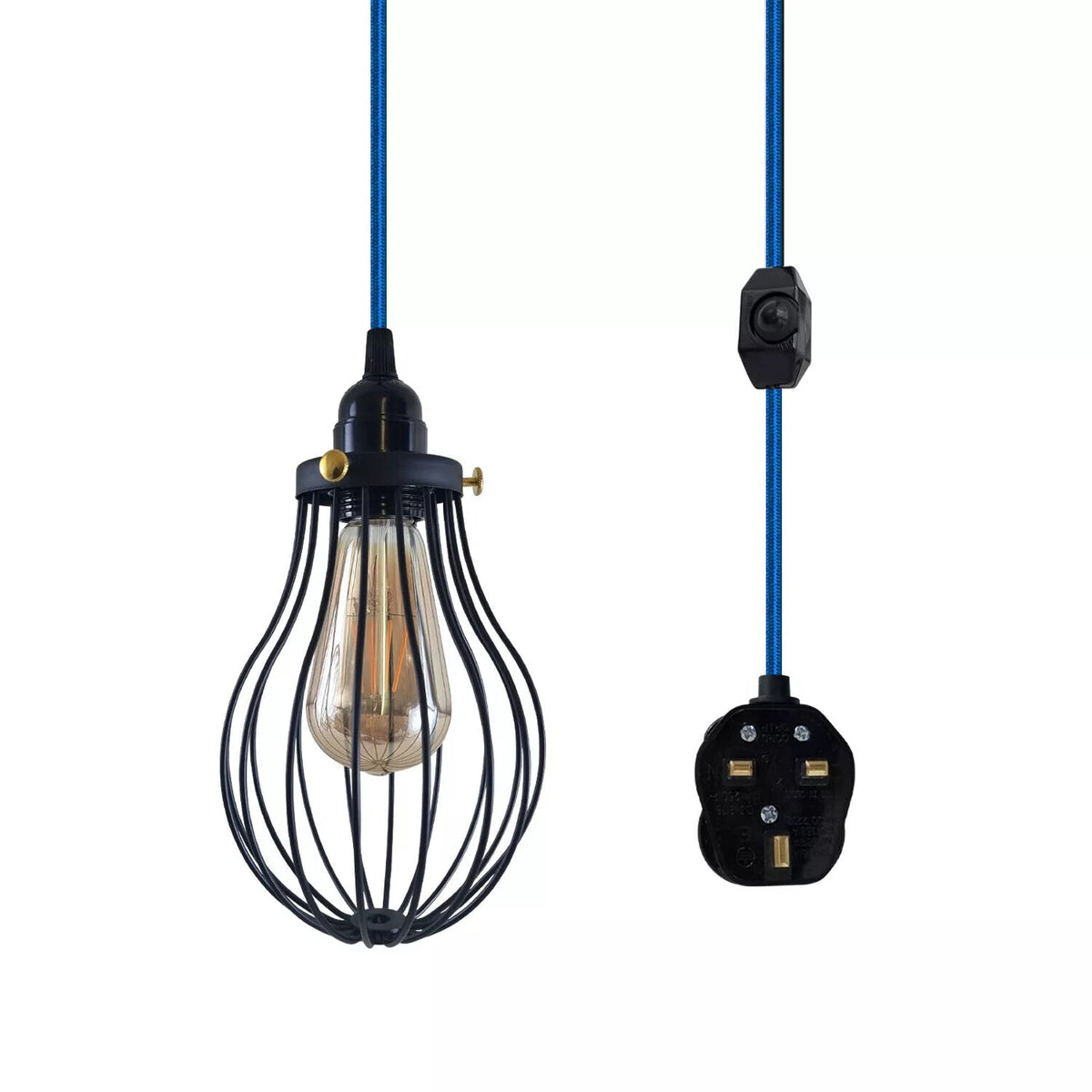 Plug-In Cage Pendant Light with Dimmer – 2 m Fabric Cable, UK Plug - Blue, Black Cage, Brass Shade Ring, ST64 LED Bulb 4W